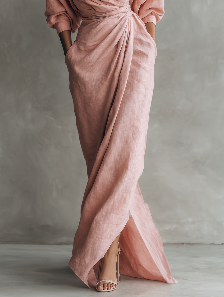 Abito Maxi Rosa Minimalista con Scollo a V