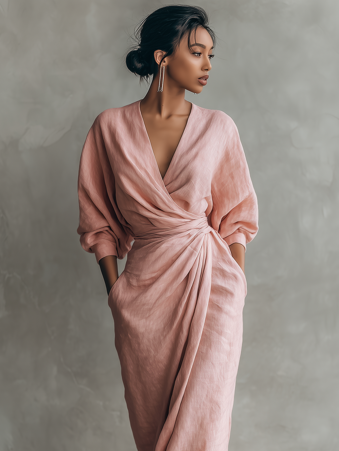 Abito Maxi Rosa Minimalista con Scollo a V