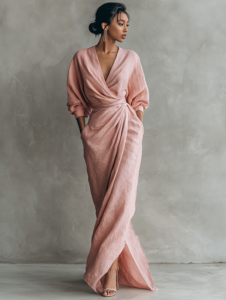 Abito Maxi Rosa Minimalista con Scollo a V