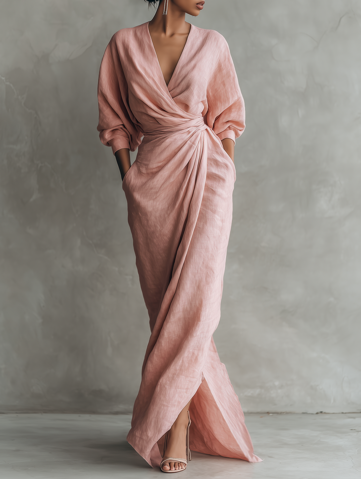 Abito Maxi Rosa Minimalista con Scollo a V