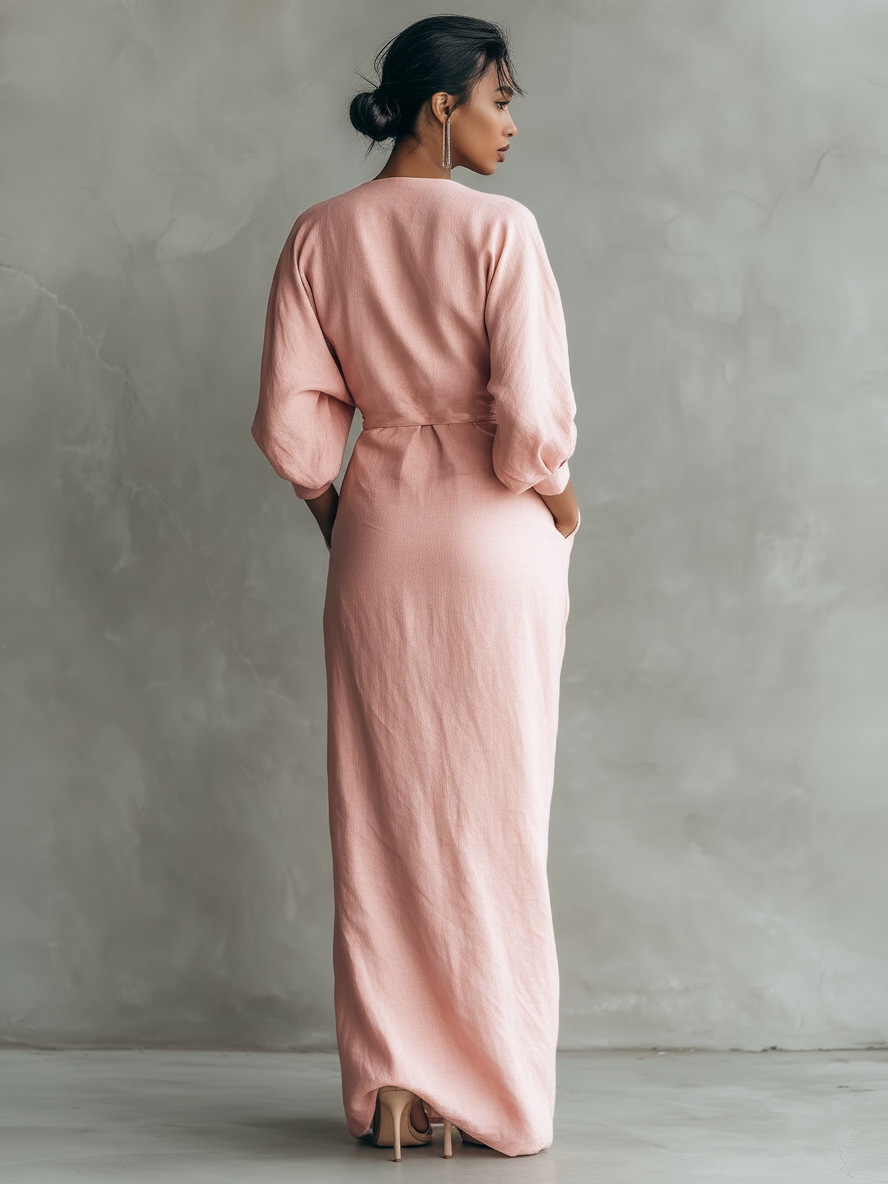 Abito Maxi Rosa Minimalista con Scollo a V